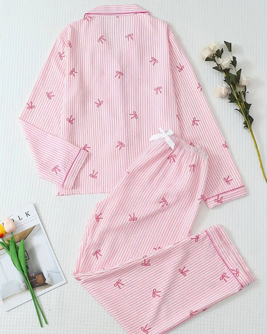 Striped Bow Print Long Sleeve Pajama Set