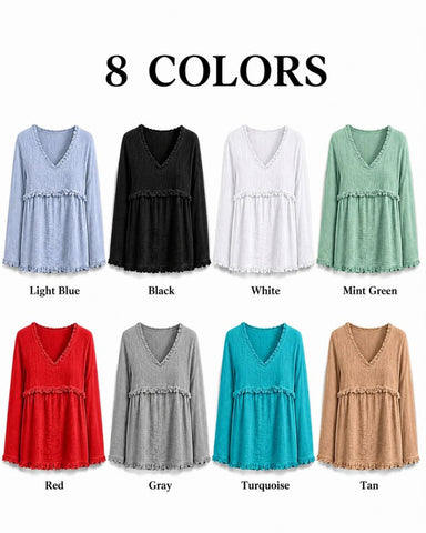 Boho V-Neck Fringe Babydoll Blouse