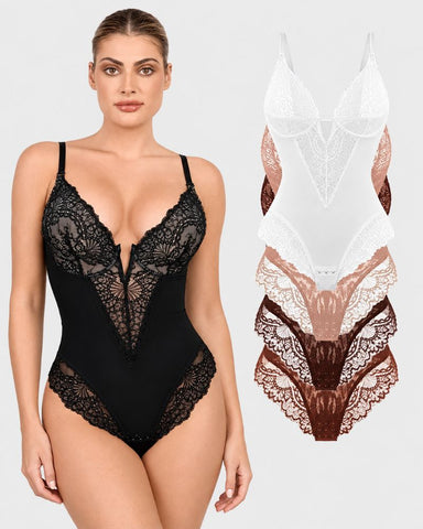 Deep-V Lace Tummy Control Shaping Bodysuit