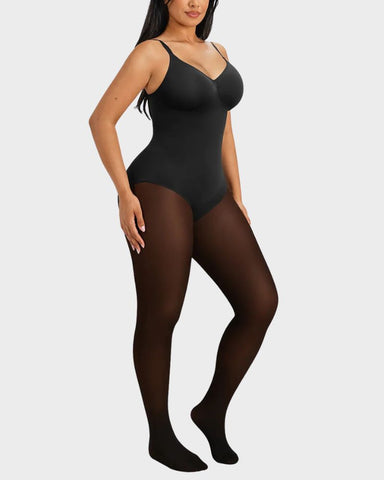 Fleece-Lined Sheer-Effect Tummy Control Tights Bodysuit
