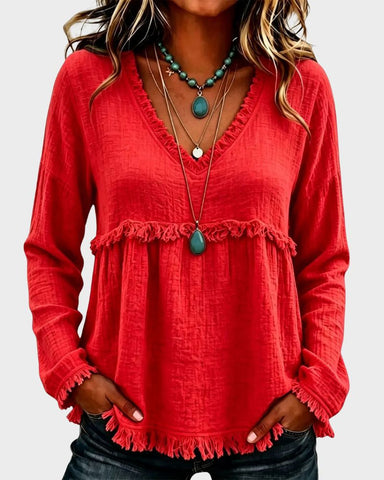 Boho V-Neck Fringe Babydoll Blouse