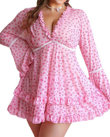 Plus Size Pink Heart Print Mesh Lace Cami Nightdress Set with Panty