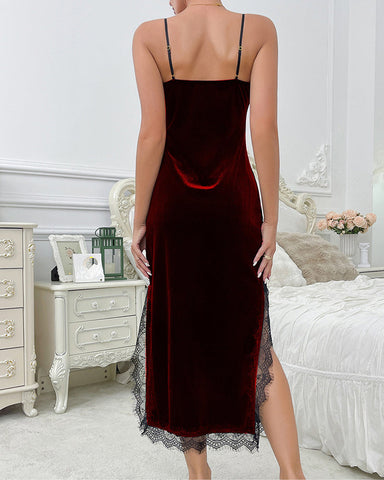 Sexy Deep V Backless Velvet Lace Nightgown