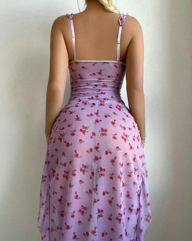 Printed Open-Back Nightdress with High Slit & Bust Support