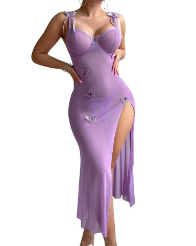 Sexy See-Through Mesh High Slit Halter Dress