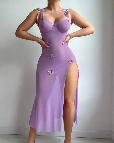 Sexy See-Through Mesh High Slit Halter Dress