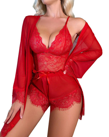 3-Piece Lace Sleepwear Set for Women – Cami, Shorts & Robe