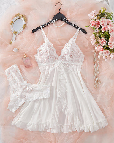 Sexy Lingerie V-Neck Lace Ruffle Trim Cami Nightdress & Panty Set Babydoll
