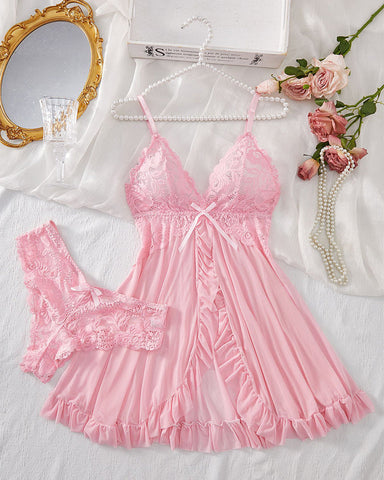 Sexy Lingerie V-Neck Lace Ruffle Trim Cami Nightdress & Panty Set Babydoll