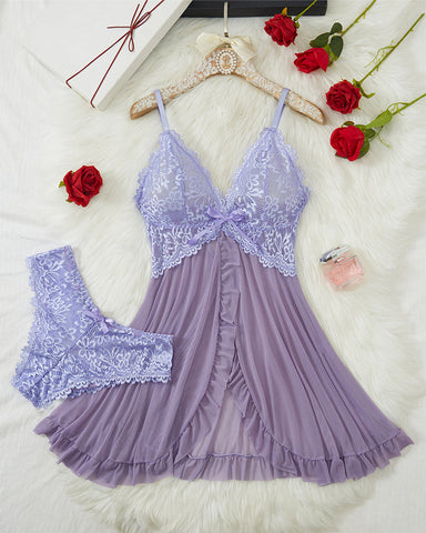 Sexy Lingerie V-Neck Lace Ruffle Trim Cami Nightdress & Panty Set Babydoll