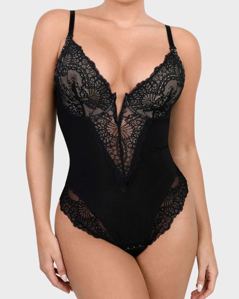 Deep-V Lace Tummy Control Shaping Bodysuit