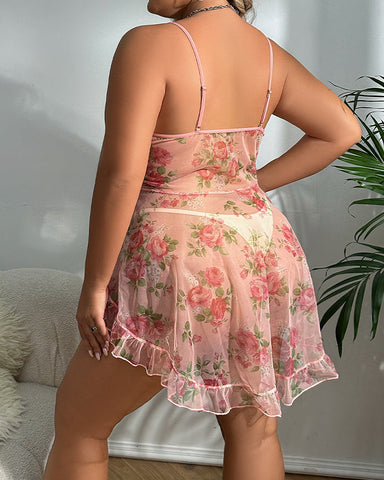 Plus Size Printed See-Through Camisole – Sexy Mesh Nightwear