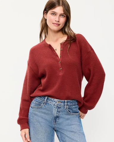 Women's Relaxed Waffle Knit Long Sleeve Henley Top