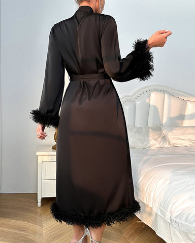 Sexy solid color feather long sleeve robe