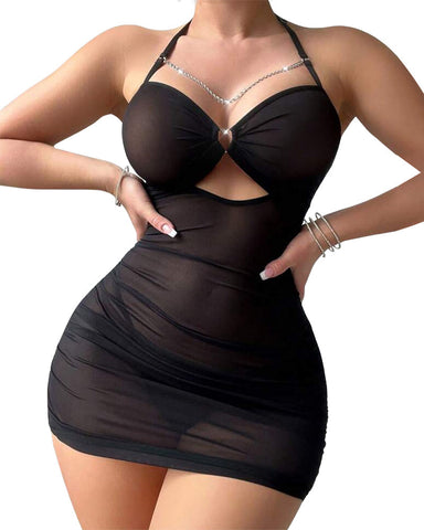 Sexy See-Through Halter Neck Mesh Dress