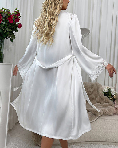 Sexy Long Sleeve Satin Lace Robe
