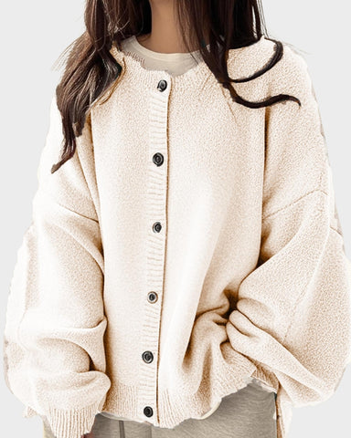 Relaxed Solid-Color Button-Front Knit Cardigan