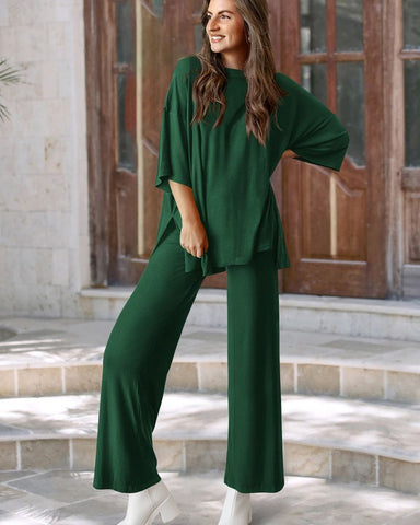 Relaxed Split-Hem Top & Wide-Leg Pants Set