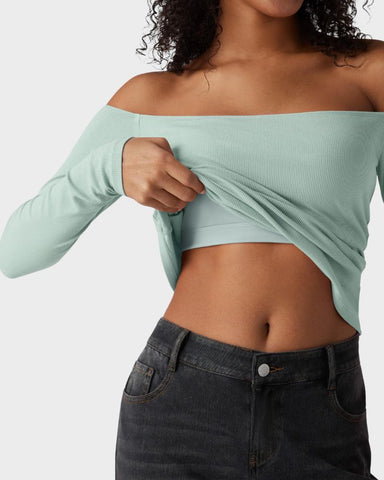 Ribbed Off-Shoulder Built-In Bra Long Sleeve Top