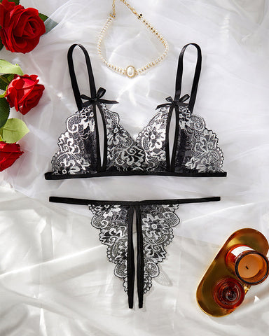 Sexy 2-Piece Lace Lingerie Set – Sheer Floral Design with Bows