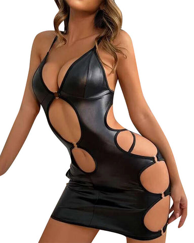 Sexy patent leather hollow suspender tight dress