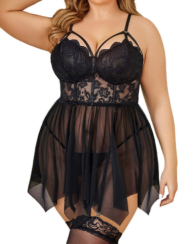 Sexy Plus Size Mesh Lace Babydoll – Curvy Nightgown for Bold Nights