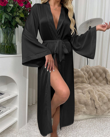 Sexy Long Silk Long-Sleeve Tie Robe