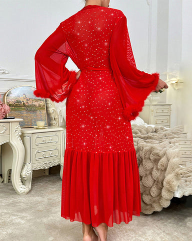 Long-Sleeved Fluffy Sequined Nightdress for Home & Sleep