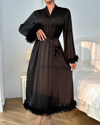 Sexy solid color feather long sleeve robe