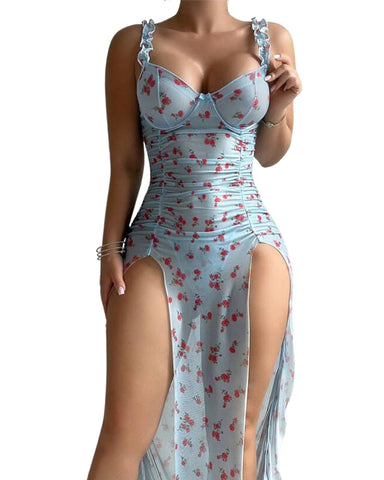 Printed Open-Back Nightdress with High Slit & Bust Support