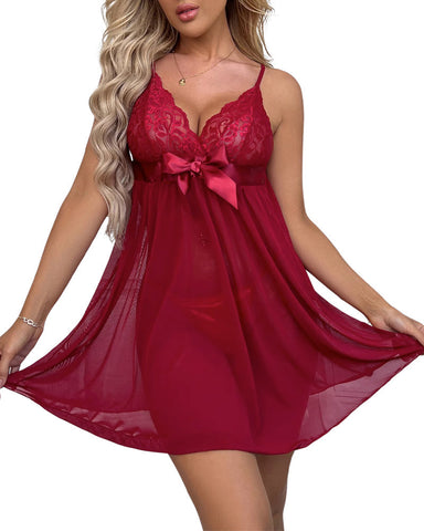 Women’s Lace Babydoll Lingerie Set – Halter V-Neck Chemise Nightgown with Pants