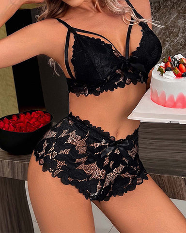 Sexy Cut-Out Push-Up Bra & Bow Front Sheer Panty Lingerie Set