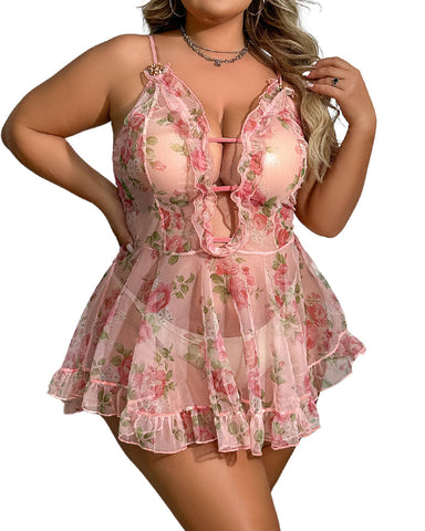 Plus Size Printed See-Through Camisole – Sexy Mesh Nightwear