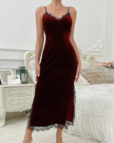 Sexy Deep V Backless Velvet Lace Nightgown