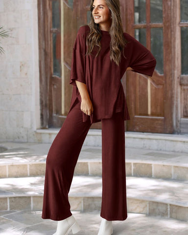 Relaxed Split-Hem Top & Wide-Leg Pants Set