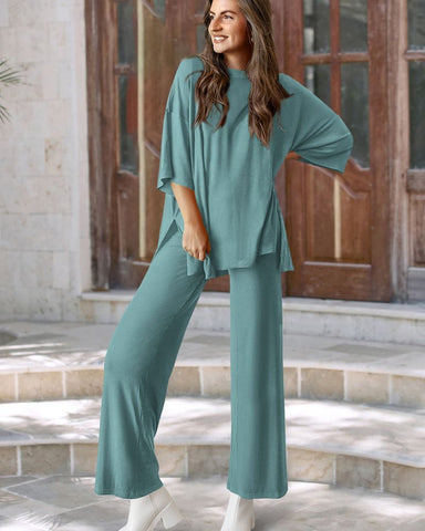 Relaxed Split-Hem Top & Wide-Leg Pants Set