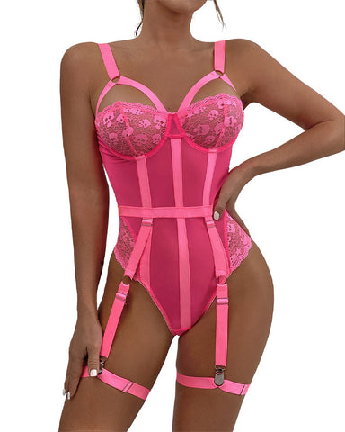 Sexy One-Piece Teddy Lingerie with Attached Garter Belt