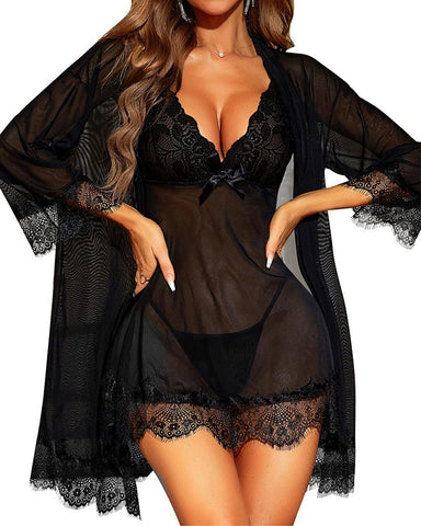 Sexy 3-Piece Lingerie Set for Women – Mesh Kimono Robe & Lace Babydoll Dress