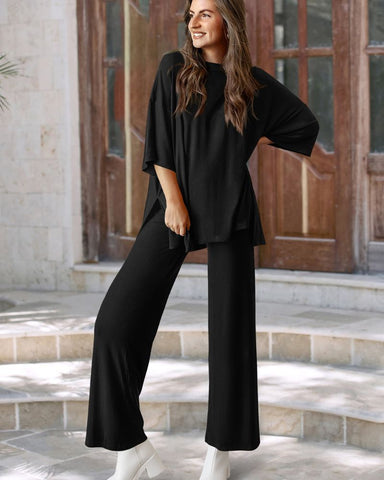 Relaxed Split-Hem Top & Wide-Leg Pants Set
