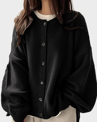 Relaxed Solid-Color Button-Front Knit Cardigan