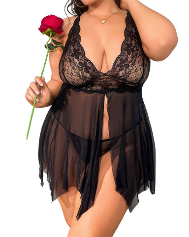 Plus Size V-Neck Lace Chemise Lingerie Set – Sexy Nightwear with Panty for Women