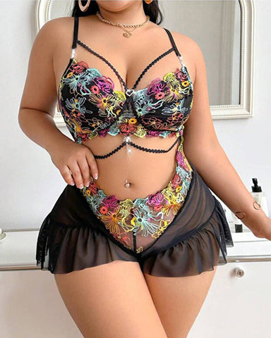 Sexy Plus Size Sheer Mesh Embroidered Lace Bodysuit Lingerie