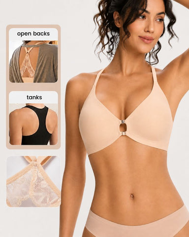 Front Closure Wireless Plunge Lace Racerback Bra