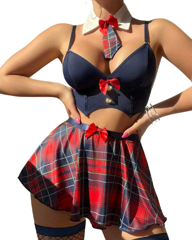 Sexy Student Uniform Lingerie Set with Plaid Tie & A-Line Skirt