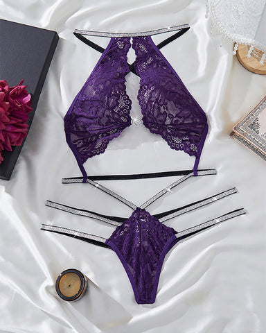 Sexy Purple Lace Lingerie Set – Halter Neck See-Through Design