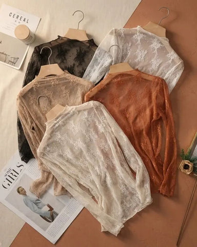 Floral Lace Mesh Long-Sleeve Layering Top