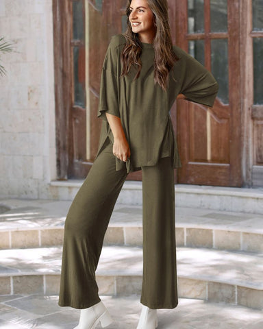 Relaxed Split-Hem Top & Wide-Leg Pants Set