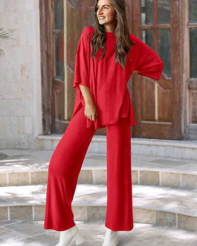 Relaxed Split-Hem Top & Wide-Leg Pants Set