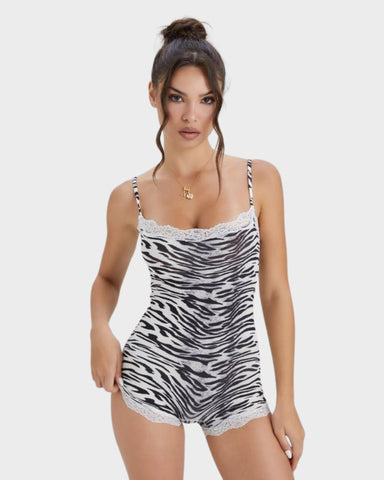 Lace-Trim Sculpting Playsuit in Solid & Animal Prints