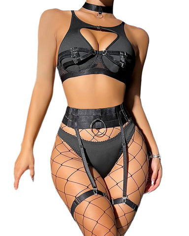 Push Up Bondaged with Underwire Garter Belt Lingerie Set for Women Bra and Panty 5 Piece